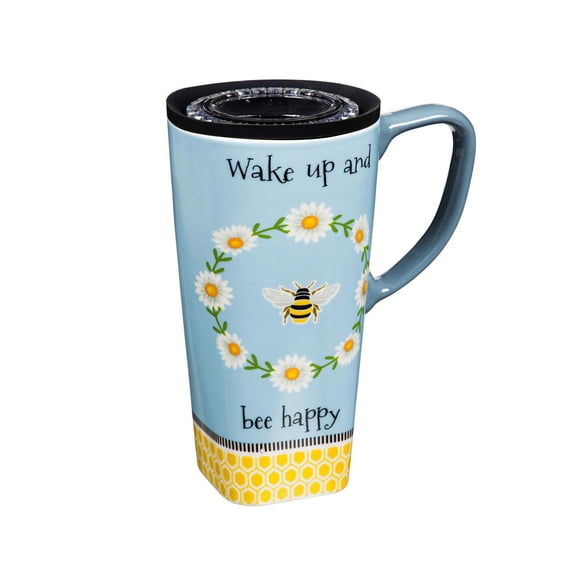 Cypress Ceramic FLOMO 360 Travel Cup, 17 oz., Wake Up and Bee Happy