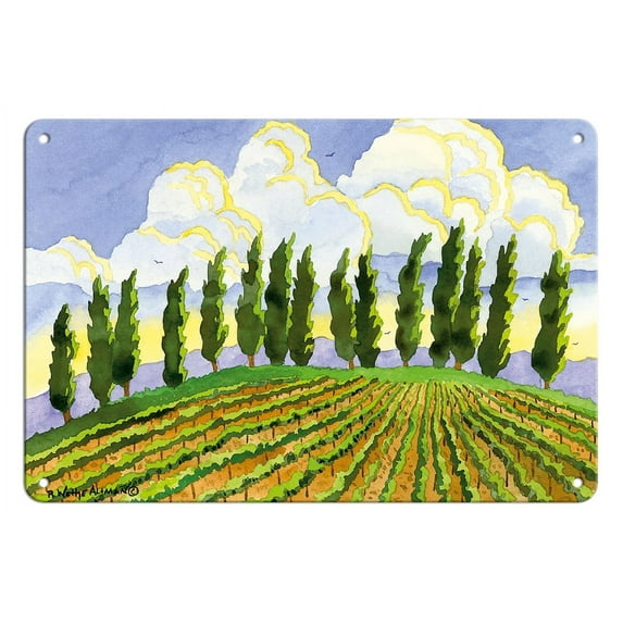 Cypress in the Clouds - Tuscany Italy - Italian Vineyards - From an Original Watercolor Painting by Robin Wethe Altman - 8 x 12 inch Vintage Metal Tin Sign