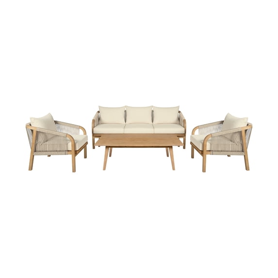 Cypress Outdoor 4 Piece Conversation Set in Eucalyptus and Rope with Cushions