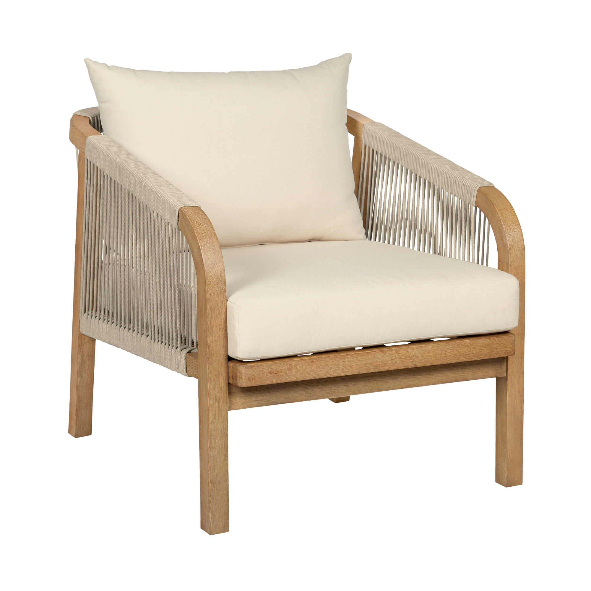 Cypress Outdoor Patio Chair in Eucalyptus Wood and Gray Rope with Ivory Cushions