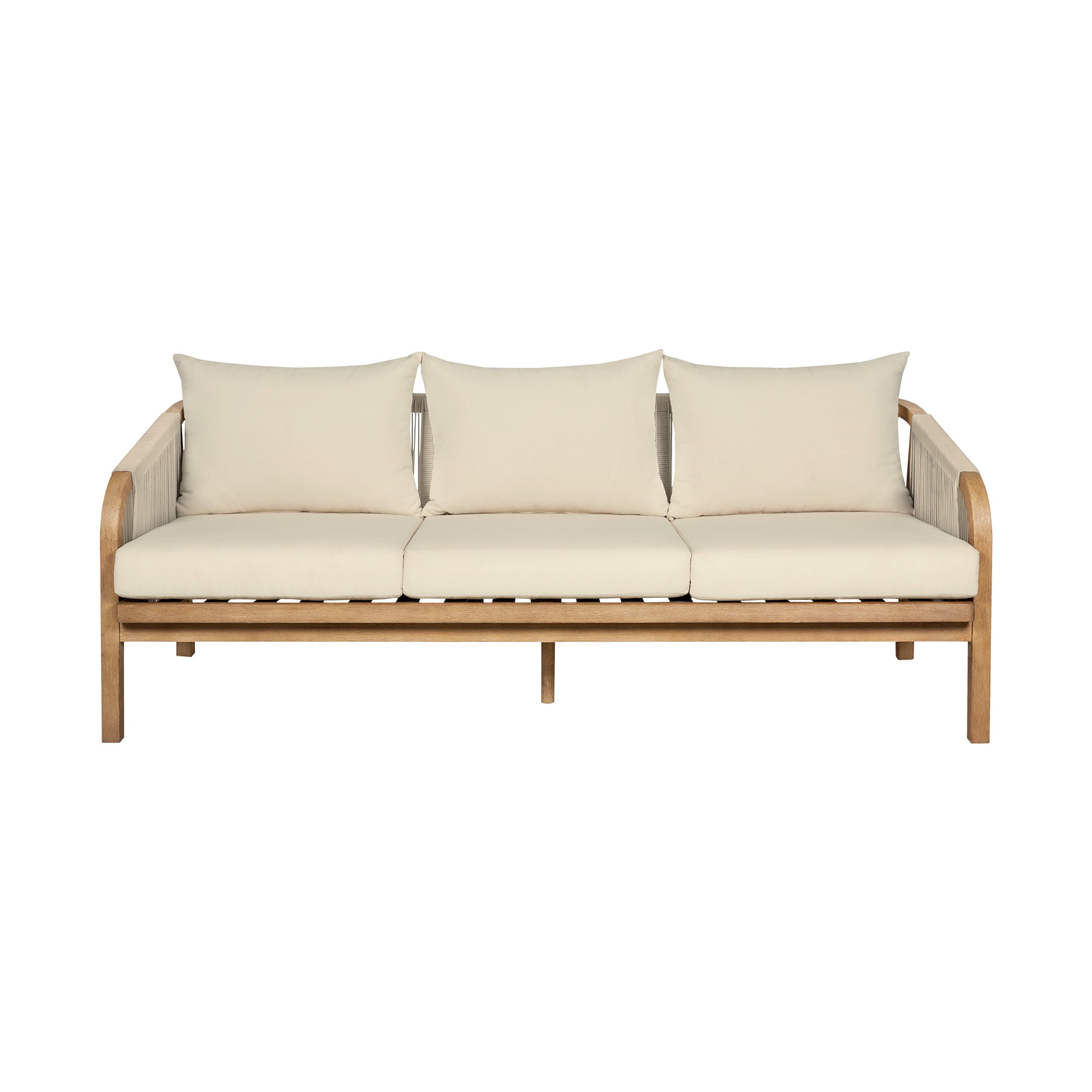 Cypress Outdoor Patio Sofa in Eucalyptus Wood and Gray Rope with Ivory Cushions
