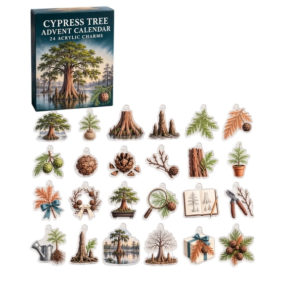 Cypress Tree Advent Calendar, 24 Days Christmas Countdown Box with 24 Unique Nature Forest Acrylic Charms, Woodland Tree Ornament Collectible Advent Gift for Nature Lovers