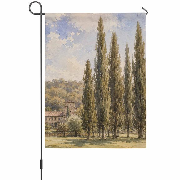 Cypress Trees Garden Flag 12 x 18 Inches, Summer Pastoral Country Hills Watercolor Serene Weather Proof Outdoor Patio Flags Double Sided Small Garden Decoration for Yard Outside Home