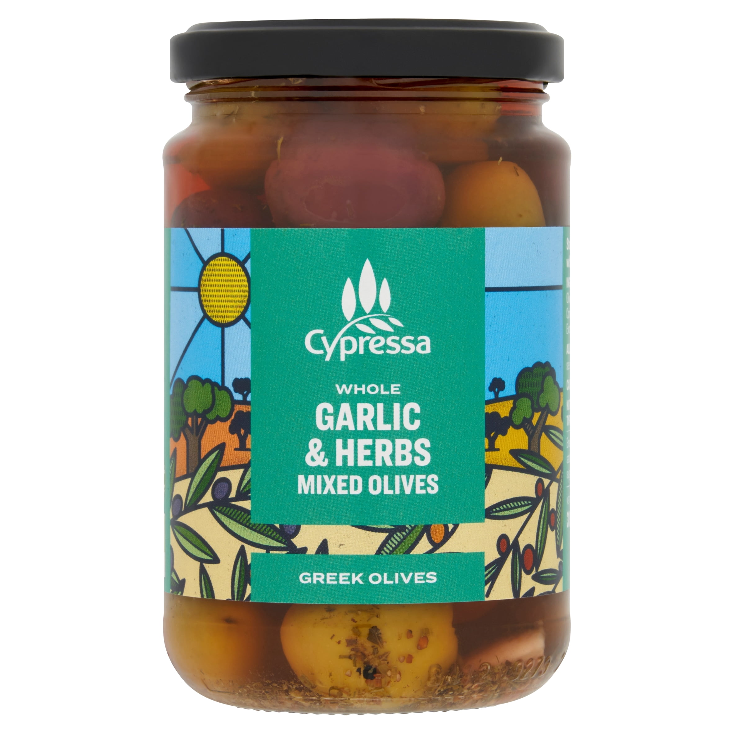 Cypressa Whole Garlic & Herbs Mixed Olives 315g, Imported from Britain