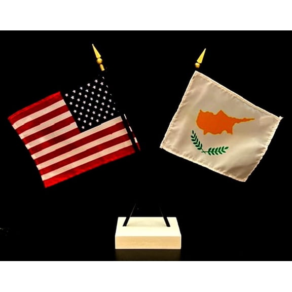 Cyprus Desk Flag Set; Contains One USA and One Country Flag with a White Crossed Base, American Made
