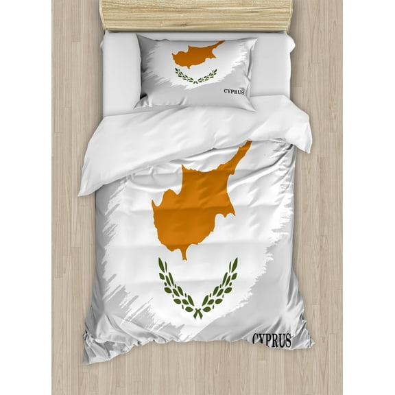 Cyprus Duvet Cover Set Twin Size, Brush Stroke Style Design of Southern Cypriot Flag Art Illustration, Decorative 2 Piece Bedding Set with 1 Pillow Sham, Pale Grey White and Orange, by Ambesonne