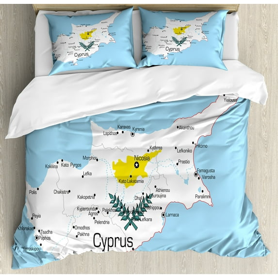 Cyprus Duvet Cover Set, United Mediterranean Island Country Map Colored with National Flag, Decorative 3 Piece Bedding Set with 2 Pillow Shams, Queen Size, Pale Sky Blue and White, by Ambesonne