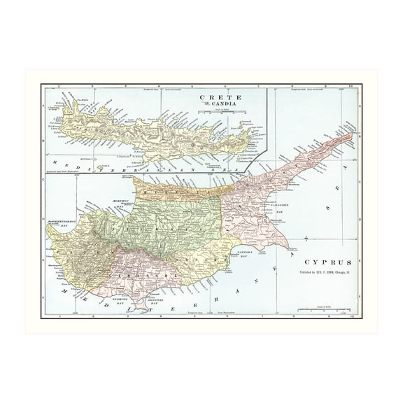 Cyprus Map, 1901 Vintage Map of Cyprus History Wall Decor Gift, Old Cyprus Map - 36" x 24" Unframed Print