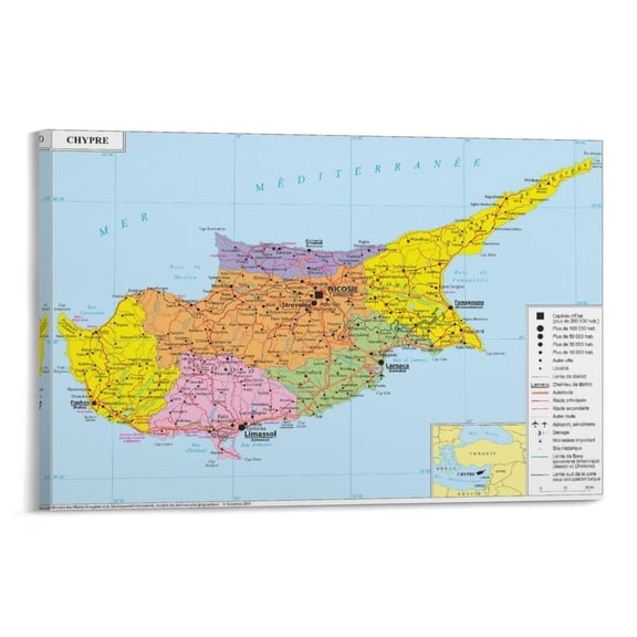 Cyprus Map Poster Wall Art Poster Scroll Canvas Painting Picture Living Room Decor Home 08x12inch(20x30cm)