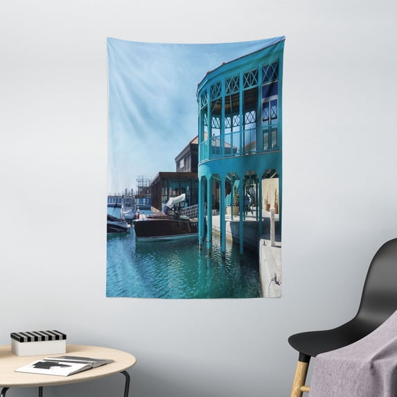 Cyprus Tapestry, Marina with Boats and Blue Colored Wrought Iron Building at City of Limassol, Wall Hanging for Bedroom Living Room Dorm Decor, 40W X 60L Inches, Multicolor, by Ambesonne