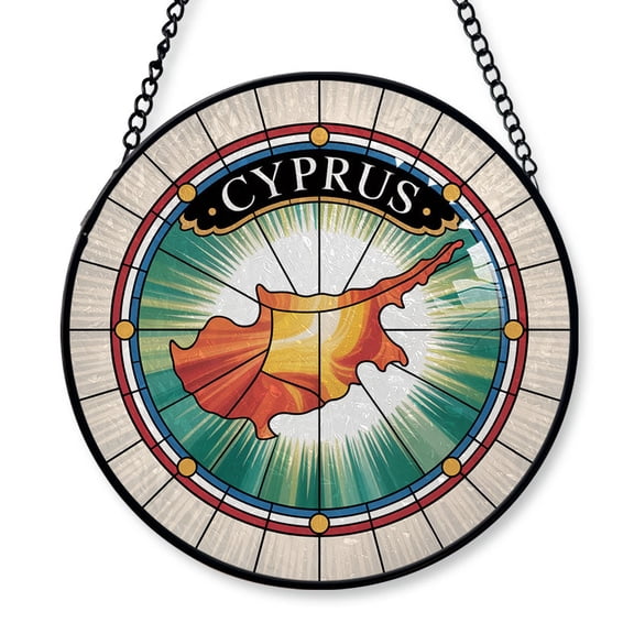 Cyprus Travel Decor Suncatcher Stained Glass Window Hanging, Gift for Traveller, Collection of Country Travel Souvenirs for Family and Friends, Cyprus Map and Flag Décor