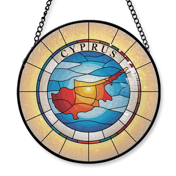 Cyprus Travel Decor Suncatcher Stained Glass Window Hanging, Gift for Traveller, Collection of Country Travel Souvenirs for Family and Friends, Cyprus Map and Flag Décor