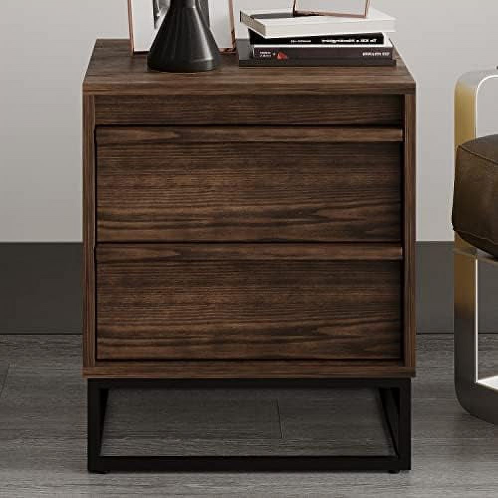 Cyra Industrial Bedroom Nightstand Accent Bedside Table With Two Drawers On Bearing Drawer