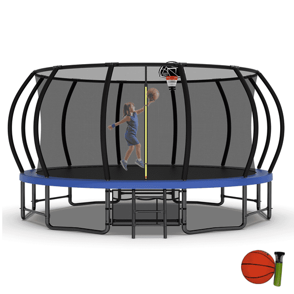 UIOWIO 16 ft Pumpkin Recreational Trampoline for Kids Outdoor Trampoline with Basketball Hoop Toddler Backyard Trampoline with Ladder,Balance Bar,Enclosure Net,Storage Bag,Blue