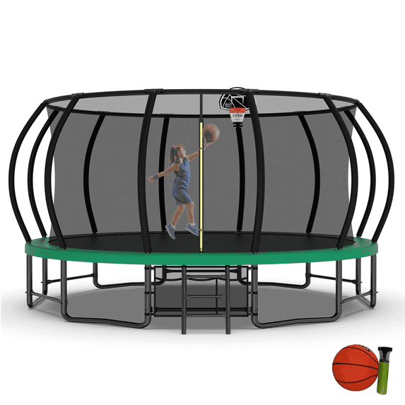 UIOWIO 16 ft Pumpkin Recreational Trampoline for Kids Outdoor Trampoline with Basketball Hoop Toddler Backyard Trampoline with Ladder,Balance Bar,Enclosure Net,Storage Bag,Green
