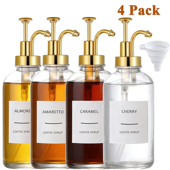 cyrico 4 Pack Coffee Syrup Dispenser, 16.9 oz/500 ml Glass Coffee Syrup Bottles with Gold Pump and Labels, Syrup Dispenser Bottles for Coffee Bar Accessories