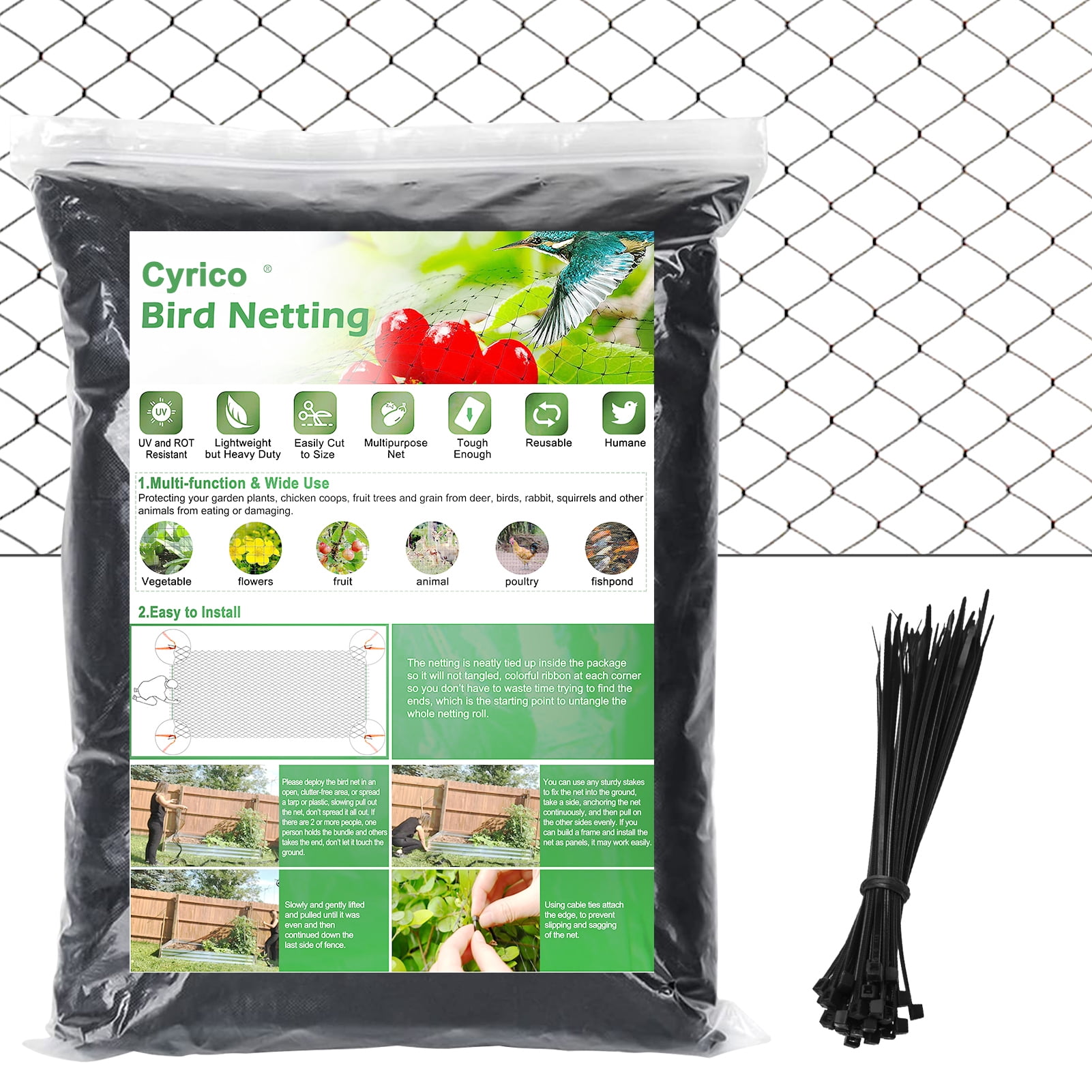 Cyrico Heavy-Duty Bird Netting 25x50 FT for Yard, 