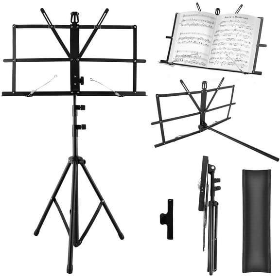 cyrico Folding Sheet Music Stand, 2 in 1 Dual-Use Adjustable Portable Music Book Stand for Sheet Music with Carrying Bag and Sheet Clip, Metal Music Stand for Guitar, Violin, Ukulele Players (Black)