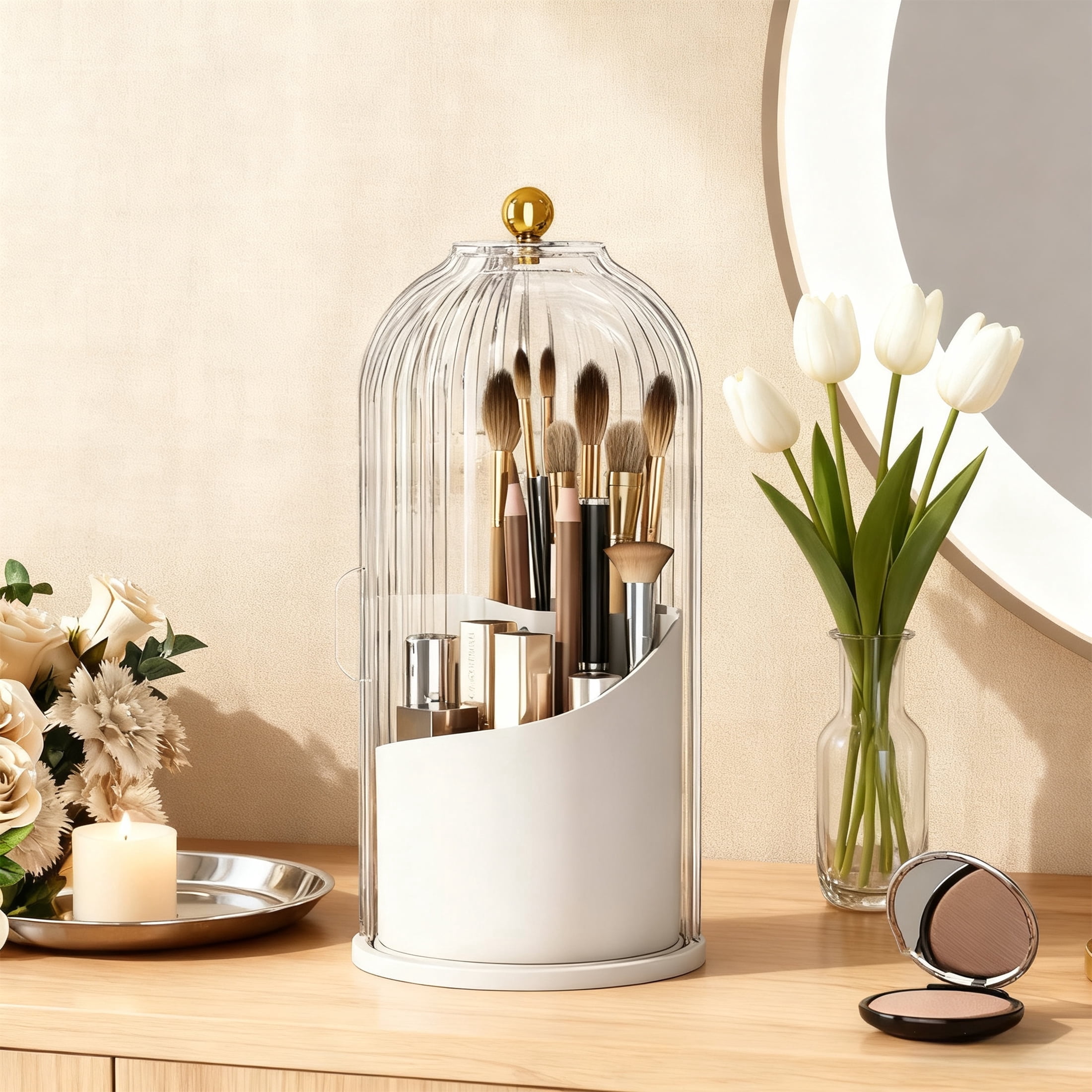 Cyrico Makeup Brush Holder with Lid, 360 Rotating Clear Makeup Organizer, Dustproof and Waterproof Make Up Brush Holder Organizer for Vanity, Bathroom, Countert