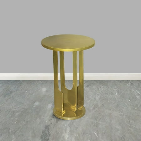 Cyrus 18 Inch Round Accent Side Table, Cast Aluminum, Arched Cut Out Frame, Brass- Saltoro Sherpi