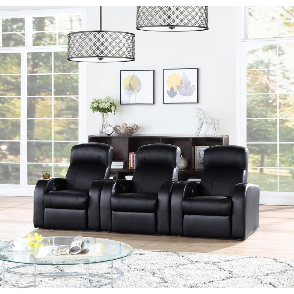 Cyrus Black Leather Manual Reclining Sofa with Cup Holders