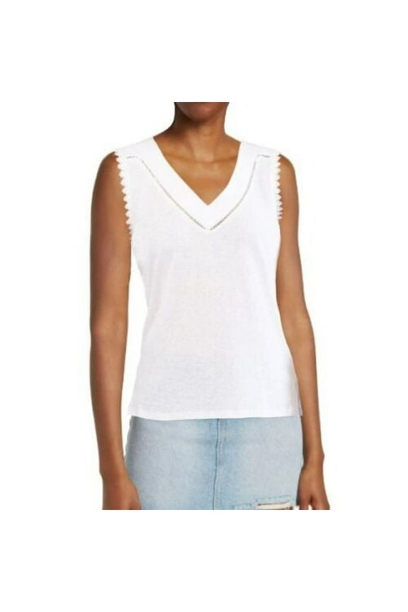 Women's Linen / Cotton Blend Eyelet Trim Split Hem Top