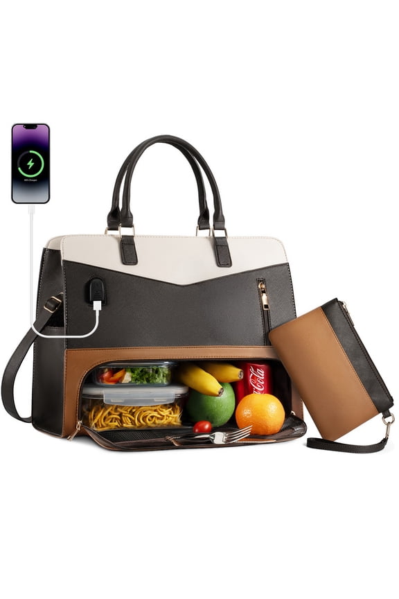 2 in 1 Lunch Tote Bag for Women Laptop Work Bag with Lunch Insulated Compartment and Purse Combo, 15.6 Inch Computer Crossbody bag Waterproof PU Leather Shoulder Bag for Daily, Office, Picnic