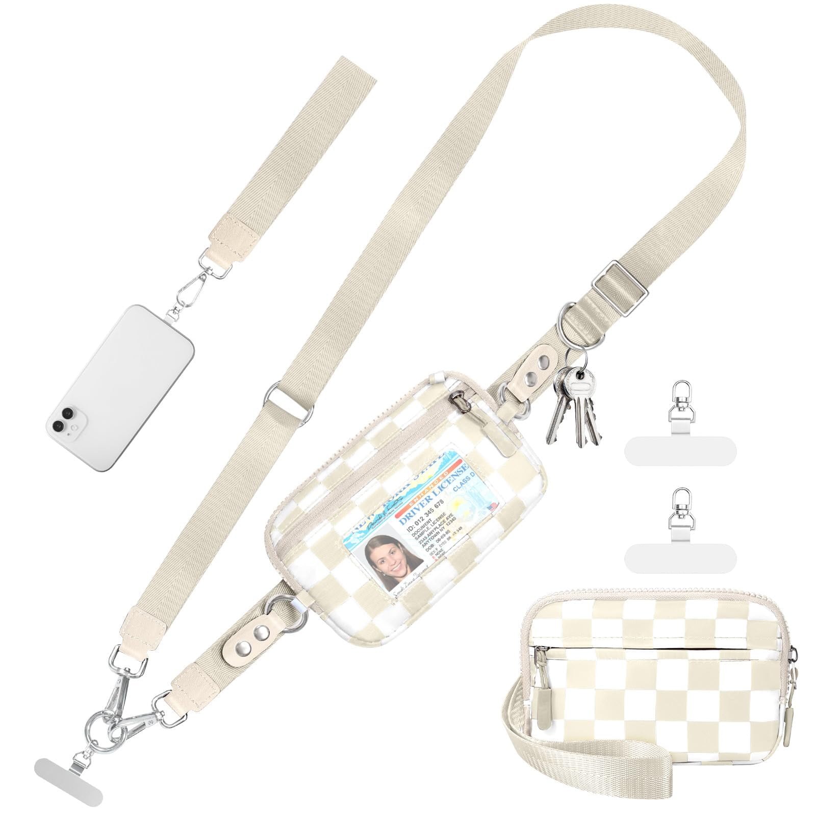 Cysiyu Clip and Go Strap for Phone with Wallet Crossbody Phone Lanyard and Detachable Checkered Bag with ID Window and RFID Pouch for Daily Travel.