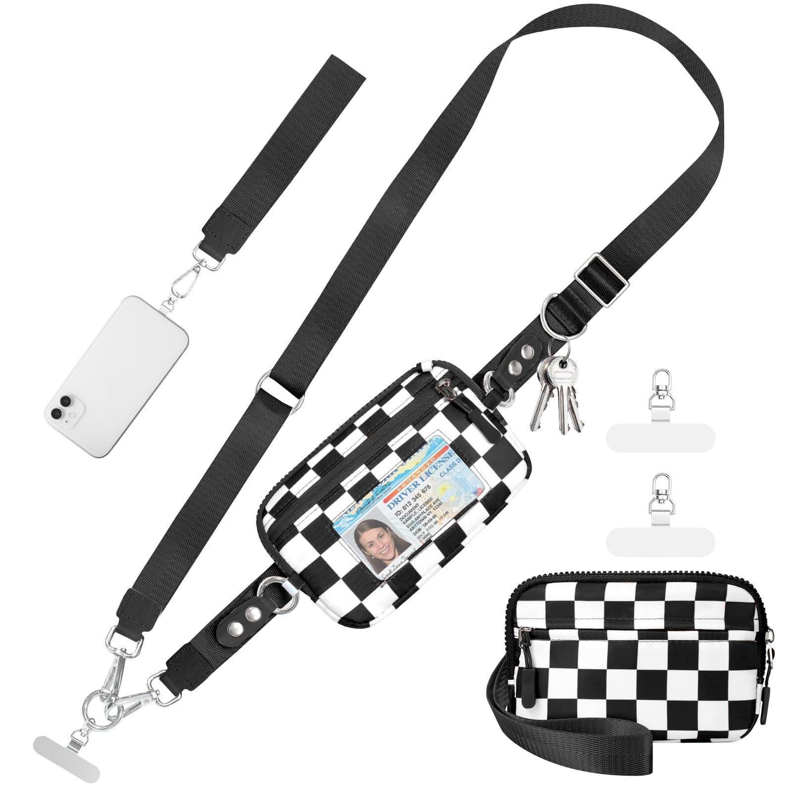 Cysiyu Clip and Go Strap for Phone with Wallet Crossbody Phone Lanyard and Detachable Checkered Bag with ID Window and RFID Pouch for Daily Travel.