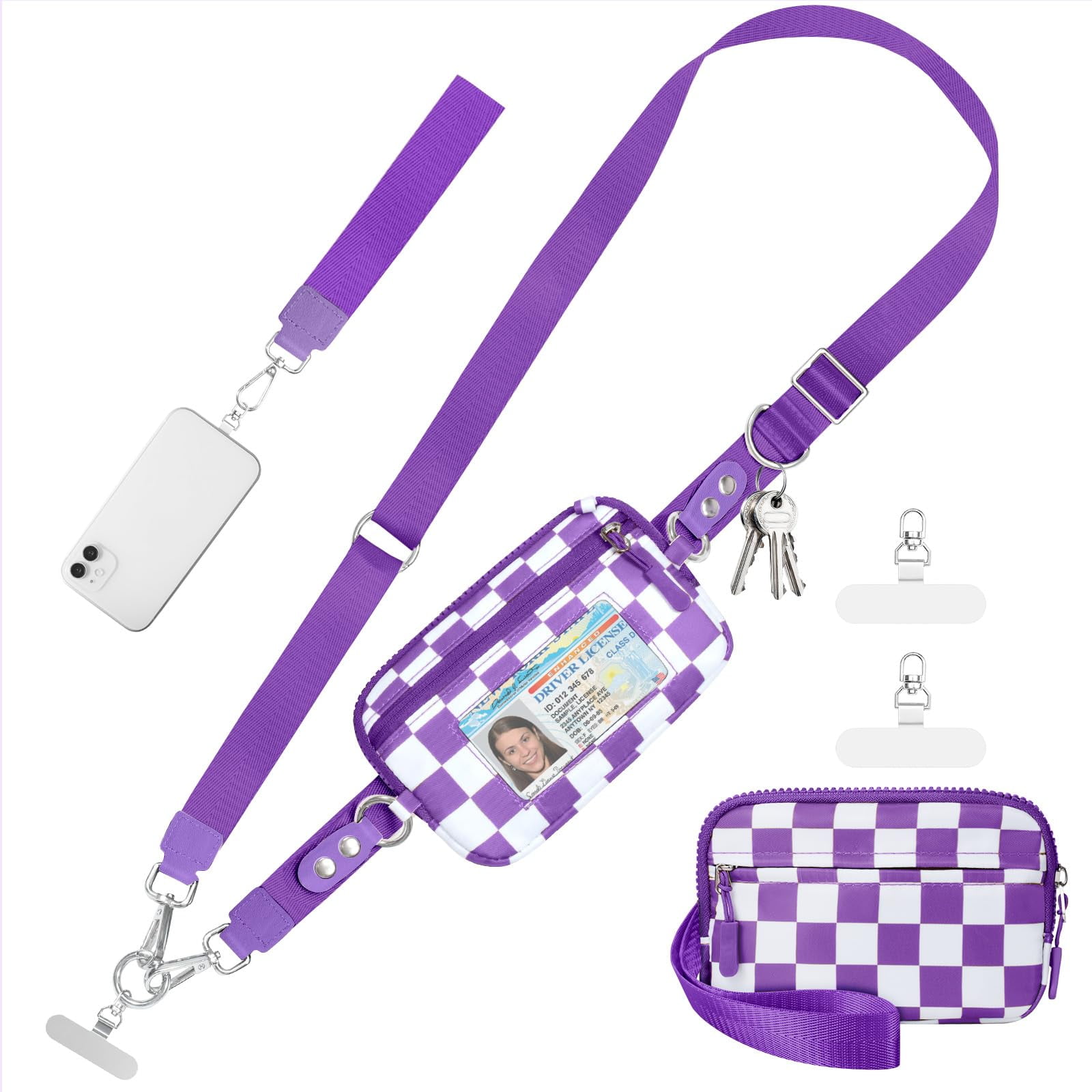 Cysiyu Clip and Go Strap for Phone with Wallet Crossbody Phone Lanyard and Detachable Checkered Bag with ID Window and RFID Pouch for Daily Travel.
