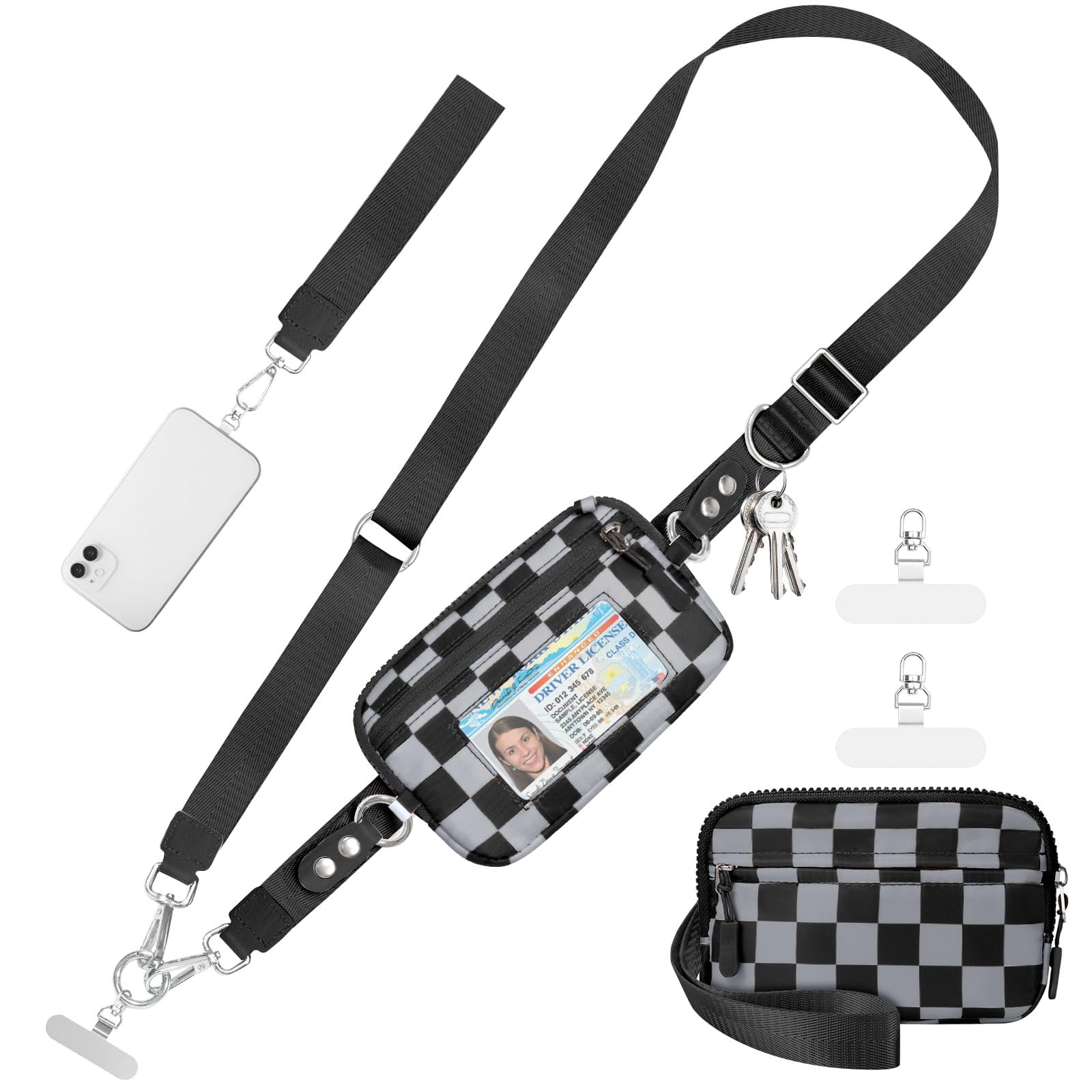 Cysiyu Clip and Go Strap for Phone with Wallet Crossbody Phone Lanyard and Detachable Checkered Bag with ID Window and RFID Pouch for Daily Travel.