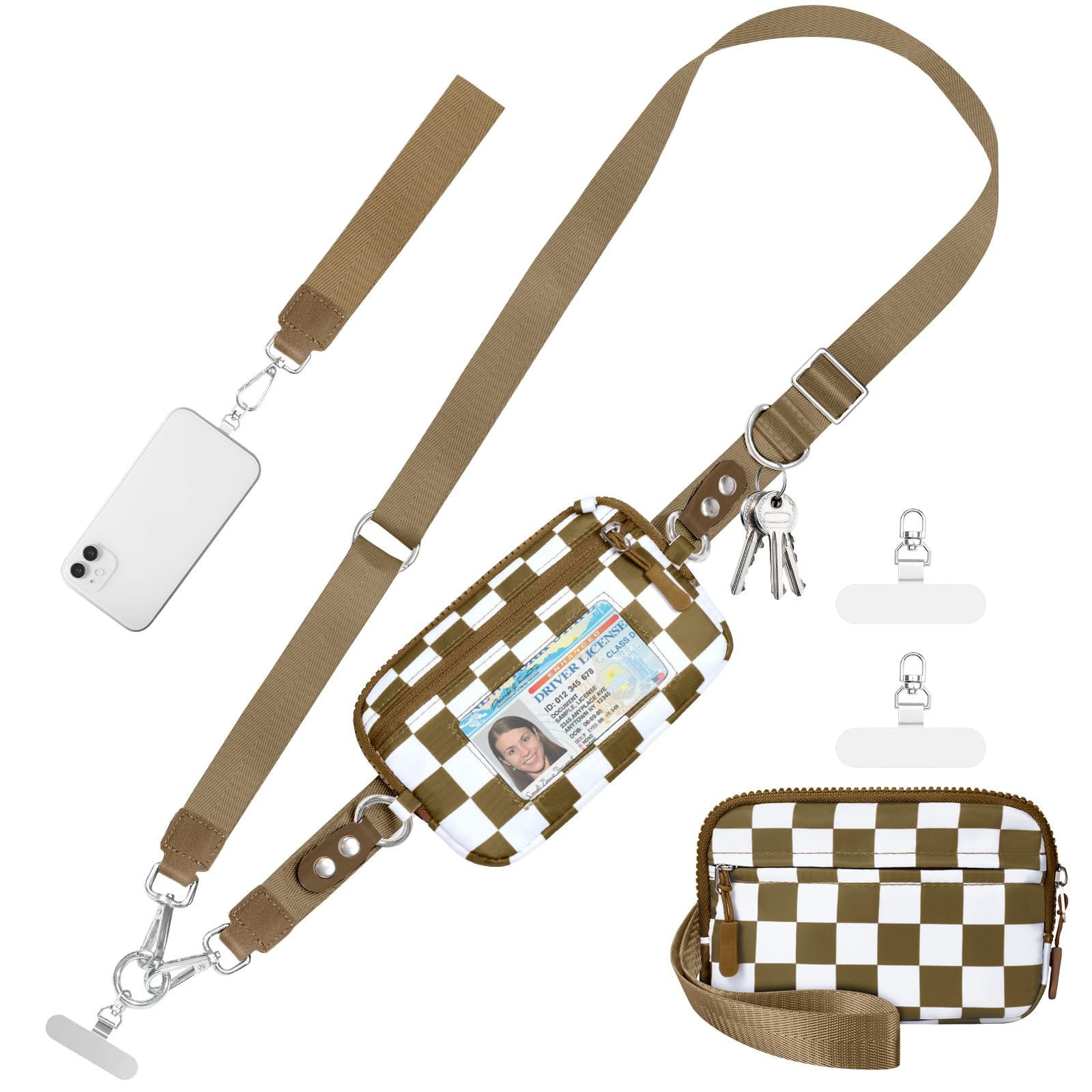 Cysiyu Clip and Go Strap for Phone with Wallet Crossbody Phone Lanyard and Detachable Checkered Bag with ID Window and RFID Pouch for Daily Travel.