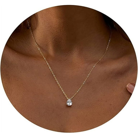 Cz Diamond Necklace For Women Dainty Layered Cubic Zirconia Solitaire Pendant Necklace Gold Plated Waterdrop Shape Square Emerald Green Cz Simulated Diamond Bridesmaid Necklace[o773]