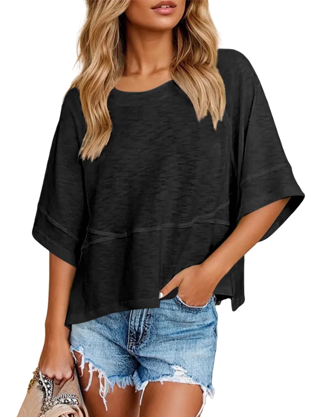 Women's Casual Loose Fit 3/4 Bell Sleeve Cotton Blend T-Shirt - Black, M