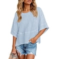 thumbnail image 1 of Women's Casual Loose Fit 3/4 Bell Sleeve Crew Neck Cotton Blend T-Shirt Tops,Blue,S, 1 of 7