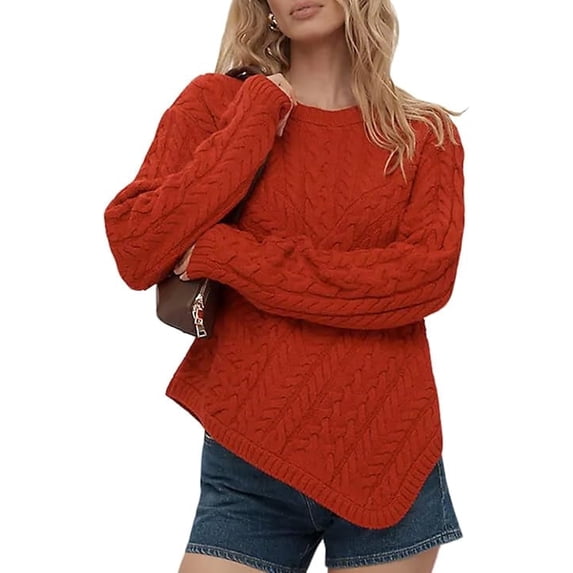 Czanzd Women's Cable Knit Asymmetrical Hem Sweater Crewneck Pullover Top-Red,L