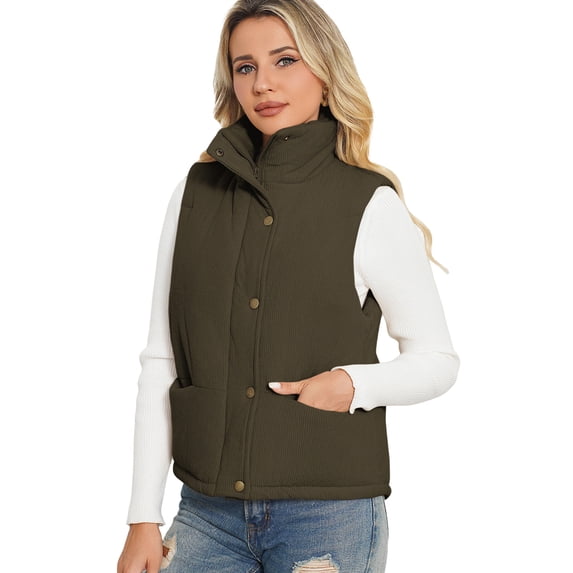 Czanzd Women's Corduroy Stand Collar Puffer Vest Warm Puffy Outerwear(Army-Green,M)