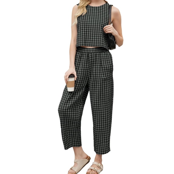 Czanzd Women's Cotton Gingham Two-Piece Outfit,Green,Size S