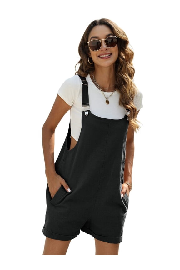 Women's Cotton Linen Short Overalls Adjustable Straps Casual Summer Rompers with Pockets(Black,S)