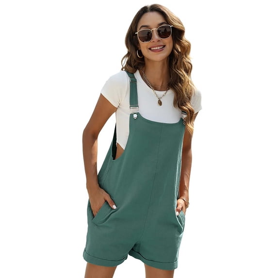 Czanzd Women's Cotton Linen Short Rompers with Adjustable Straps and Pockets,Green,M