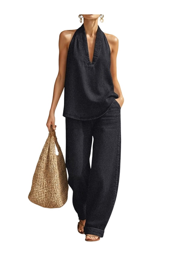 Women's Denim Two Piece Set Halter Top Wide Leg Pants Outfit(Black,XXL)