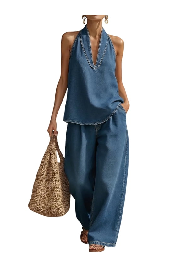 Women's Denim Two Piece Set Halter Top Wide Leg Pants Outfit(Blue,L)