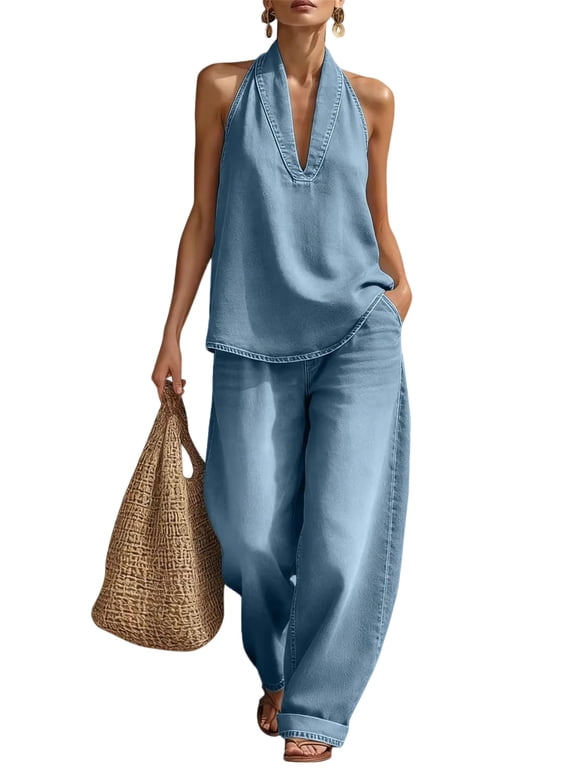 Women's Halter Denim 2 Piece Set, Sleeveless Top Wide Leg Pants,Light-Blue,L