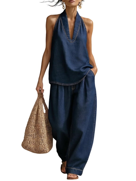 Women's Halter Denim 2 Piece Set, Sleeveless Top Wide Leg Pants,White,S