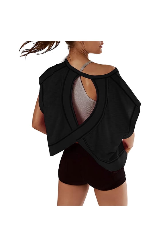 Canzad Women's Athletic Crop Top Open Back Sleeveless Workout Tank Breathable Stretch Yoga Shirt,Black,L