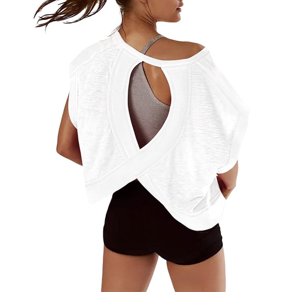 Canzad Women's Athletic Crop Top Open Back Sleeveless Workout Tank Breathable Stretch Yoga Shirt,White,S