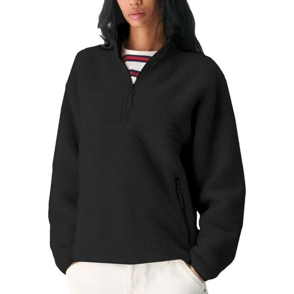 Czanzd Women's Oversized Sherpa Fleece Half-Zip Pullover Warm Stand Collar Side Pockets Fall Winter Outerwear(Black,XS)