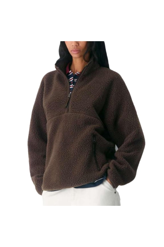 Women's Oversized Sherpa Fleece Half-Zip Pullover Warm Stand Collar Side Pockets Fall Winter Outerwear(Brown,XS)