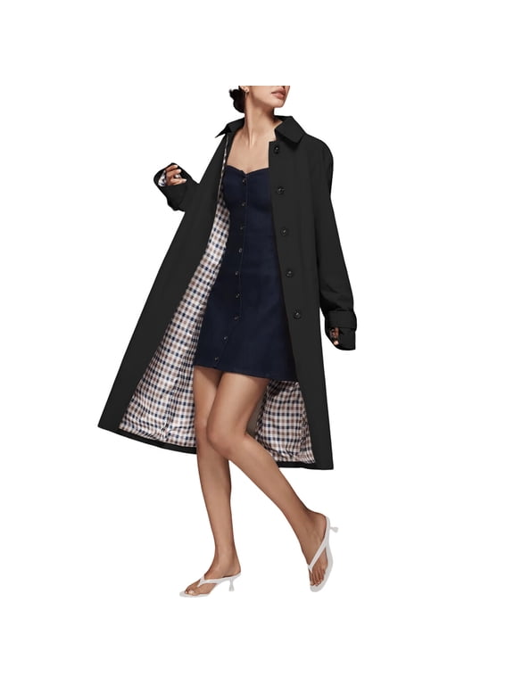 Women's Oversized Trench Coat with Plaid Lining,Black,M