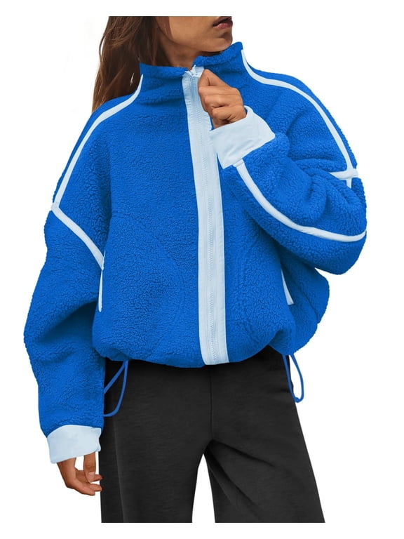 Women's Sherpa Fleece Zip-Up Jacket Contrast Fall Winter Warm Sweatshirt(Blue,M)
